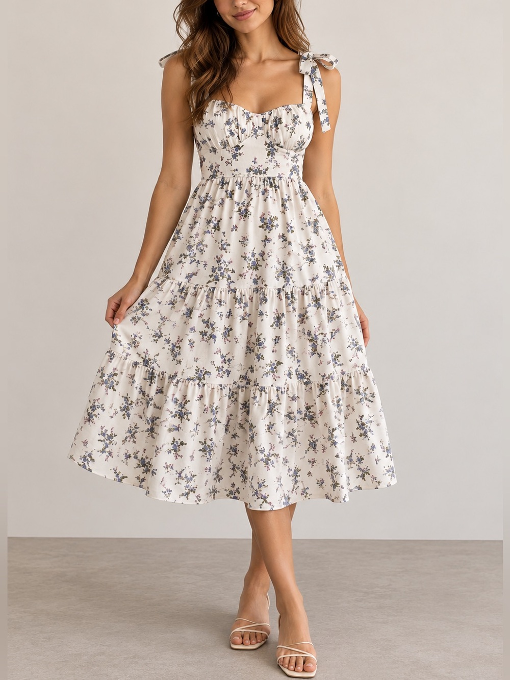 Trixxi Floral Maxi Dress L White Blue Purple Cottagecore Tie Shoulder Boho